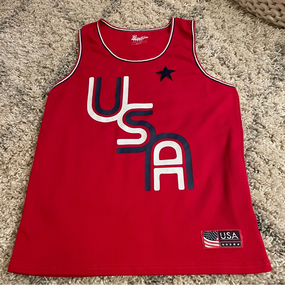 Brooklyn Cloth Red Tank, basketball, USA,‎ red w white, blue accent, size small